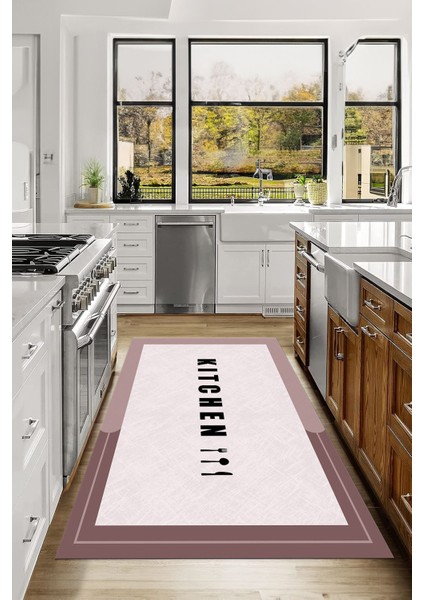 Baskılı Sade Kitchen Yazı Desenli Yıkanabilir Kaymaz Yolluk Salon Mutfak Halısı, Mutfak-65-Pembe, indirimleri