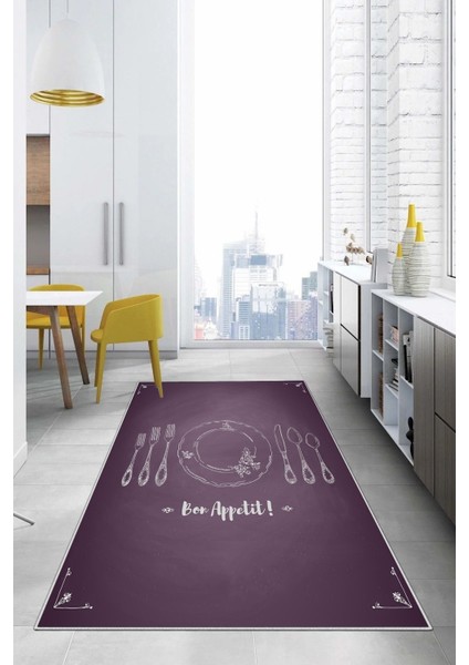 Baskılı Çatal Bıçak Desenli Yıkanabilir Kaymaz Yolluk Salon Mutfak Halısı, Mutfak-57-Lila,