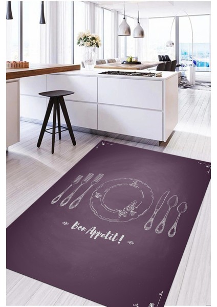 Baskılı Çatal Bıçak Desenli Yıkanabilir Kaymaz Yolluk Salon Mutfak Halısı, Mutfak-57-Lila,