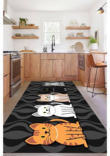 Dijital Baskılı Kedi Figürlü Yıkanabilir Kaymaz Yolluk Salon Mutfak Halısı, Mutfak-53-Gri,
