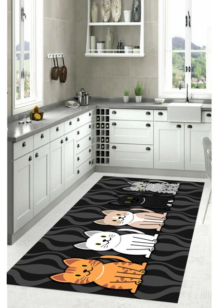 Dijital Baskılı Kedi Figürlü Yıkanabilir Kaymaz Yolluk Salon Mutfak Halısı, Mutfak-53-Gri, fiyatları