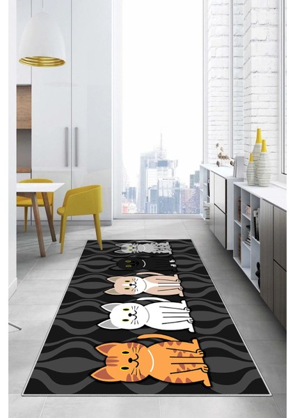 Dijital Baskılı Kedi Figürlü Yıkanabilir Kaymaz Yolluk Salon Mutfak Halısı, Mutfak-53-Gri, modelleri