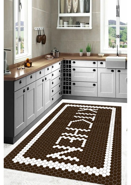 Baskılı Modern Kitchen Yazı Desenli Yıkanabilir Kaymaz Yolluk Salon Mutfak Halısı, Mutfak-75-Kahve,