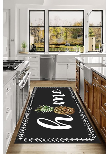 Dijital Baskılı Ananas Motifli Yıkanabilir Kaymaz Yolluk Salon Mutfak Halısı, Mutfak-89-Antrasit,