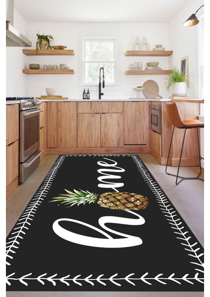 Dijital Baskılı Ananas Motifli Yıkanabilir Kaymaz Yolluk Salon Mutfak Halısı, Mutfak-89-Antrasit, modelleri