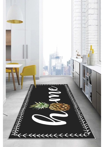 Dijital Baskılı Ananas Motifli Yıkanabilir Kaymaz Yolluk Salon Mutfak Halısı, Mutfak-89-Antrasit, indirimleri