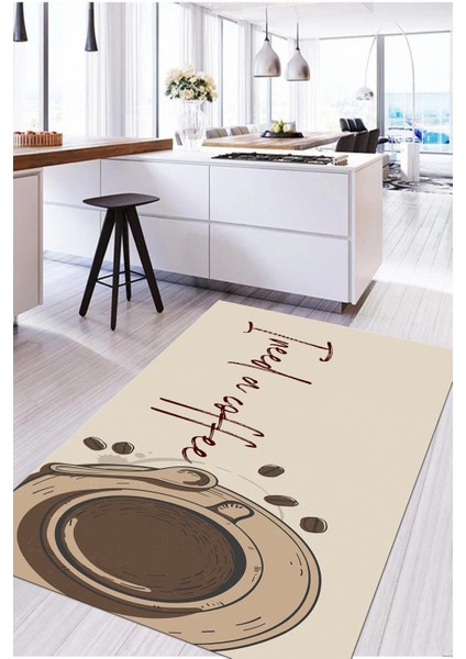 Dijital Baskılı Kahve Fincan Desenli Yıkanabilir Kaymaz Yolluk Salon Mutfak Halısı, Mutfak-59-Bej,