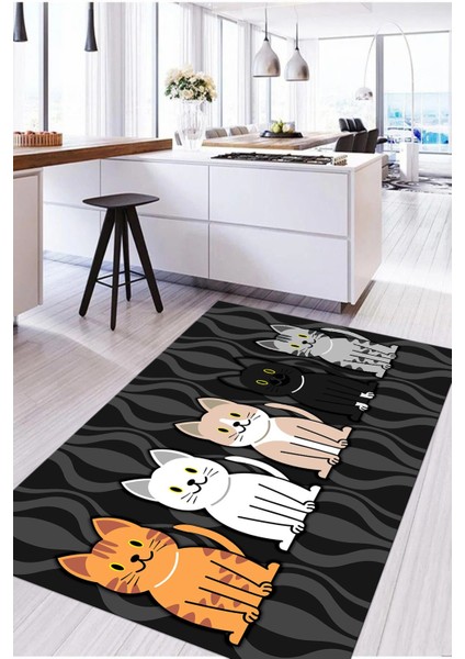 Dijital Baskılı Kedi Figürlü Yıkanabilir Kaymaz Yolluk Salon Mutfak Halısı, Mutfak-53-Gri, fırsatları
