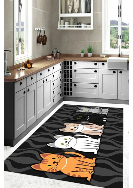 Dijital Baskılı Kedi Figürlü Yıkanabilir Kaymaz Yolluk Salon Mutfak Halısı, Mutfak-53-Gri, indirimleri