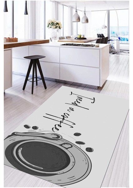Dijital Baskılı Kahve Fincan Desenli Yıkanabilir Kaymaz Yolluk Salon Mutfak Halısı, Mutfak-59-Gri,