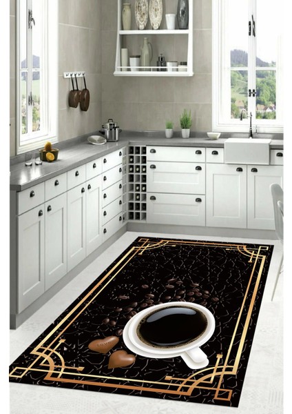 Baskılı Kahve Çekirdeği Desenli Yıkanabilir Kaymaz Yolluk Salon Mutfak Halısı, Mutfak-61-Siyah,
