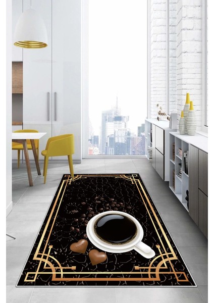 Baskılı Kahve Çekirdeği Desenli Yıkanabilir Kaymaz Yolluk Salon Mutfak Halısı, Mutfak-61-Siyah, fiyatları
