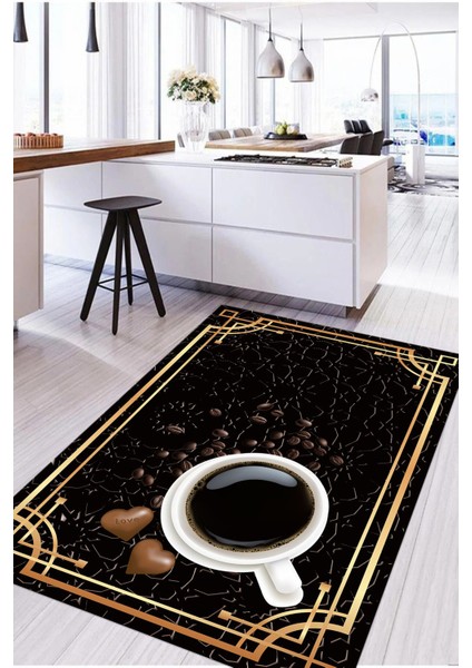 Baskılı Kahve Çekirdeği Desenli Yıkanabilir Kaymaz Yolluk Salon Mutfak Halısı, Mutfak-61-Siyah, modelleri