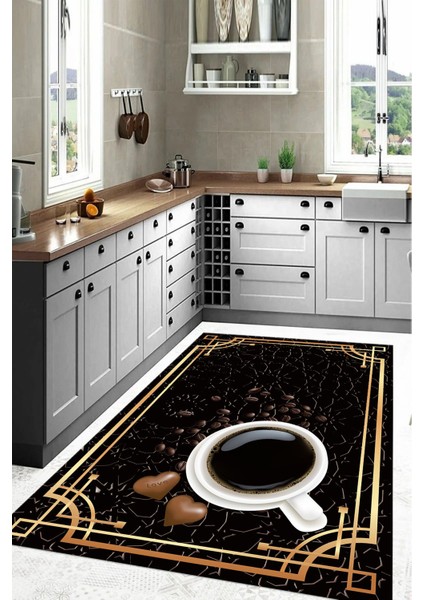 Baskılı Kahve Çekirdeği Desenli Yıkanabilir Kaymaz Yolluk Salon Mutfak Halısı, Mutfak-61-Siyah, fırsatları