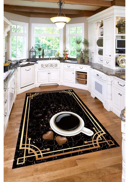 Baskılı Kahve Çekirdeği Desenli Yıkanabilir Kaymaz Yolluk Salon Mutfak Halısı, Mutfak-61-Siyah, indirimleri