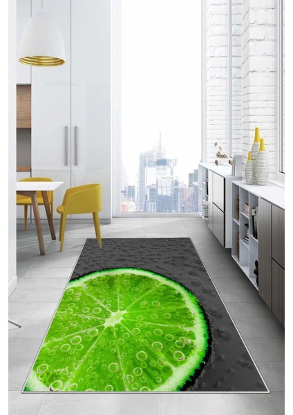 Baskılı Misket Limon Desenli Yıkanabilir Kaymaz Yolluk Salon Mutfak Halısı, Mutfak-63-Gri,