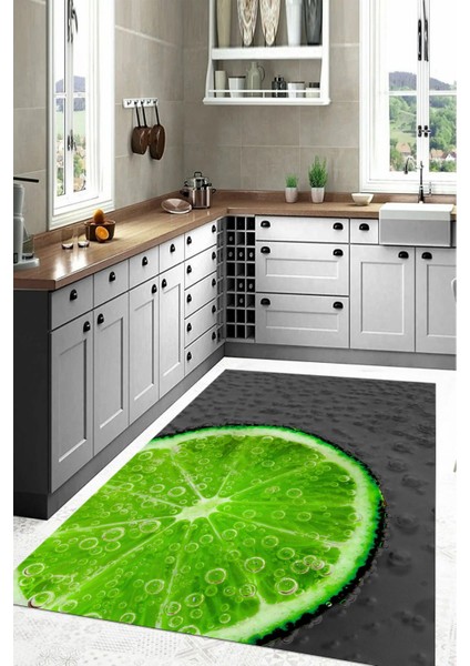 Baskılı Misket Limon Desenli Yıkanabilir Kaymaz Yolluk Salon Mutfak Halısı, Mutfak-63-Gri,
