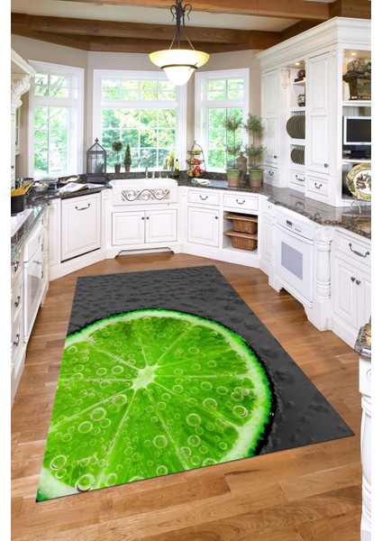 Baskılı Misket Limon Desenli Yıkanabilir Kaymaz Yolluk Salon Mutfak Halısı, Mutfak-63-Gri,