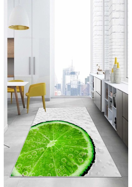 Baskılı Misket Limon Desenli Yıkanabilir Kaymaz Yolluk Salon Mutfak Halısı, Mutfak-63-Beyaz,