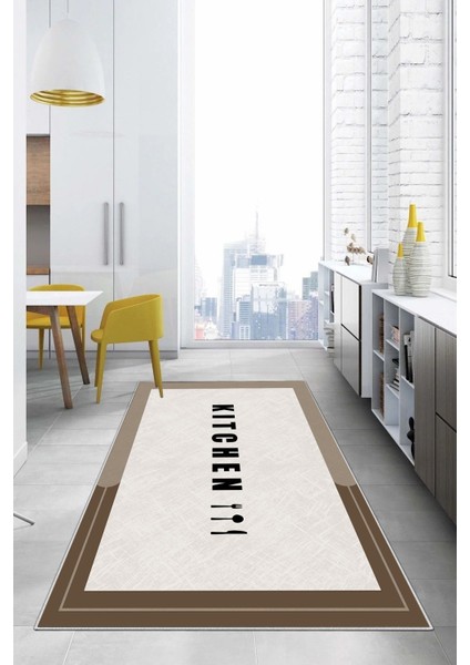 Baskılı Sade Kitchen Yazı Desenli Yıkanabilir Kaymaz Yolluk Salon Mutfak Halısı, Mutfak-65-Kahve,