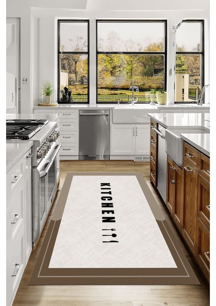 Baskılı Sade Kitchen Yazı Desenli Yıkanabilir Kaymaz Yolluk Salon Mutfak Halısı, Mutfak-65-Kahve, indirimleri