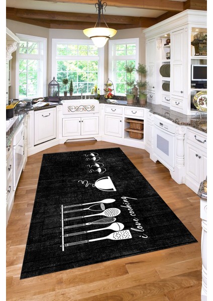 Baskılı Kahve Fincan Desenli Yıkanabilir Kaymaz Yolluk Salon Mutfak Halısı, Mutfak-86-Siyah,