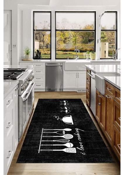 Baskılı Kahve Fincan Desenli Yıkanabilir Kaymaz Yolluk Salon Mutfak Halısı, Mutfak-86-Siyah, fiyatları