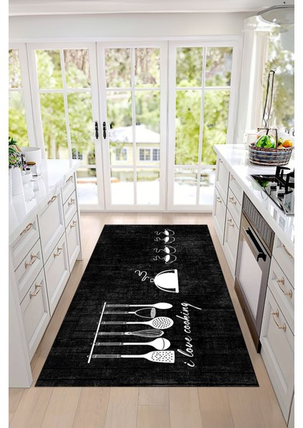 Baskılı Kahve Fincan Desenli Yıkanabilir Kaymaz Yolluk Salon Mutfak Halısı, Mutfak-86-Siyah, modelleri