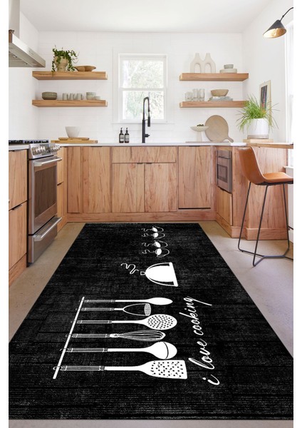 Baskılı Kahve Fincan Desenli Yıkanabilir Kaymaz Yolluk Salon Mutfak Halısı, Mutfak-86-Siyah, fırsatları