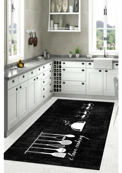 Baskılı Kahve Fincan Desenli Yıkanabilir Kaymaz Yolluk Salon Mutfak Halısı, Mutfak-86-Siyah, indirimleri