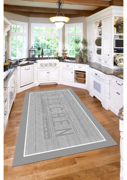 Baskılı Kitchen Yazı Desenli Yıkanabilir Kaymaz Yolluk Salon Mutfak Halısı, Mutfak-64-Gri, fırsatları