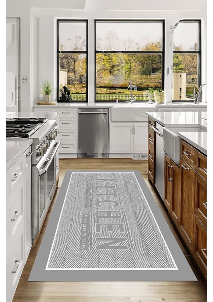 Baskılı Kitchen Yazı Desenli Yıkanabilir Kaymaz Yolluk Salon Mutfak Halısı, Mutfak-64-Gri, indirimleri