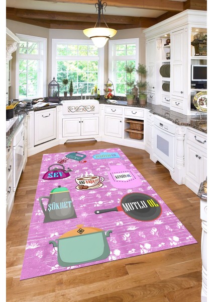 Baskılı Mutfak Eşya Desenli Yıkanabilir Kaymaz Yolluk Salon Mutfak Halısı, Mutfak-85-Pembe,