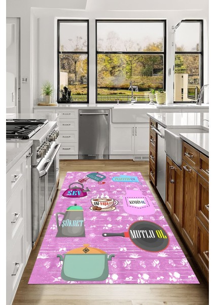 Baskılı Mutfak Eşya Desenli Yıkanabilir Kaymaz Yolluk Salon Mutfak Halısı, Mutfak-85-Pembe, fiyatları