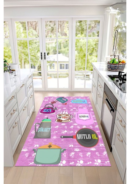 Baskılı Mutfak Eşya Desenli Yıkanabilir Kaymaz Yolluk Salon Mutfak Halısı, Mutfak-85-Pembe, modelleri