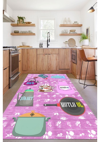 Baskılı Mutfak Eşya Desenli Yıkanabilir Kaymaz Yolluk Salon Mutfak Halısı, Mutfak-85-Pembe, fırsatları