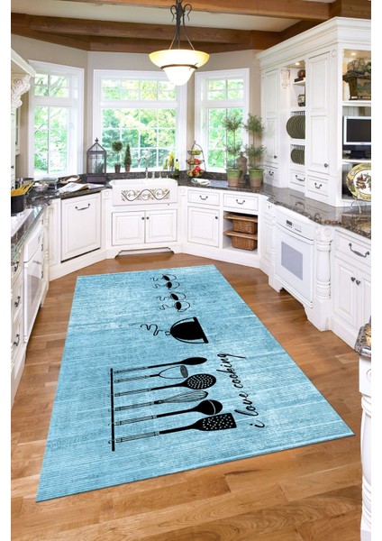 Baskılı Kahve Fincan Desenli Yıkanabilir Kaymaz Yolluk Salon Mutfak Halısı, Mutfak-86-Mavi,