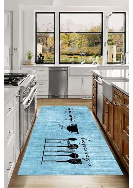 Baskılı Kahve Fincan Desenli Yıkanabilir Kaymaz Yolluk Salon Mutfak Halısı, Mutfak-86-Mavi, fiyatları