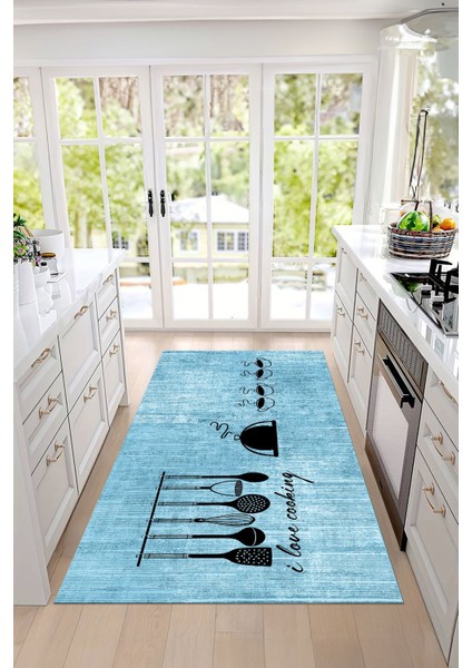 Baskılı Kahve Fincan Desenli Yıkanabilir Kaymaz Yolluk Salon Mutfak Halısı, Mutfak-86-Mavi, modelleri