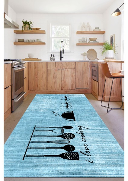 Baskılı Kahve Fincan Desenli Yıkanabilir Kaymaz Yolluk Salon Mutfak Halısı, Mutfak-86-Mavi, fırsatları