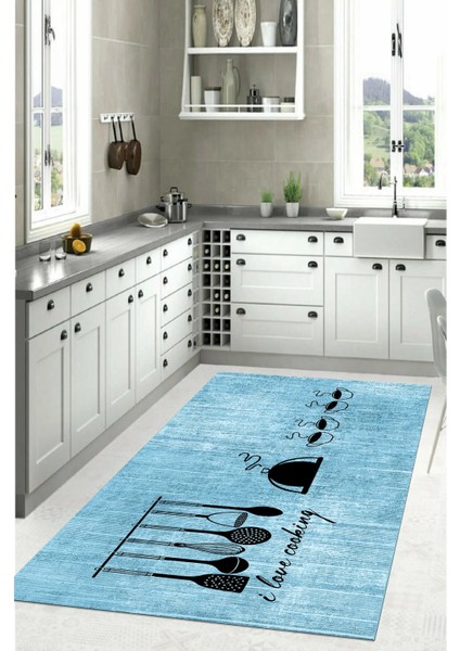 Baskılı Kahve Fincan Desenli Yıkanabilir Kaymaz Yolluk Salon Mutfak Halısı, Mutfak-86-Mavi, indirimleri