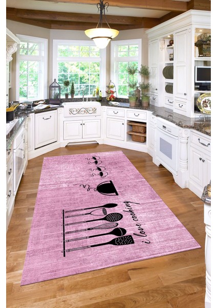 Baskılı Kahve Fincan Desenli Yıkanabilir Kaymaz Yolluk Salon Mutfak Halısı, Mutfak-86-Pembe,