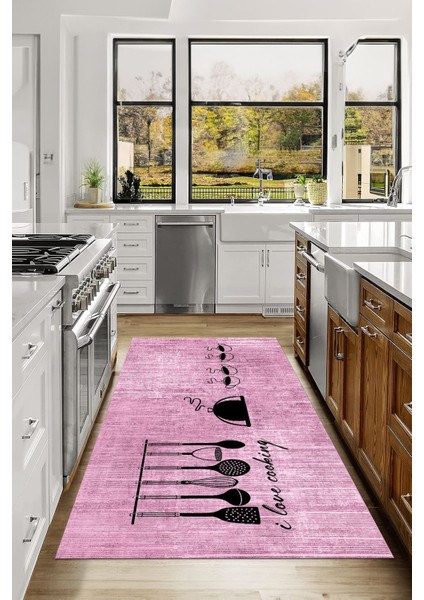 Baskılı Kahve Fincan Desenli Yıkanabilir Kaymaz Yolluk Salon Mutfak Halısı, Mutfak-86-Pembe, fiyatları