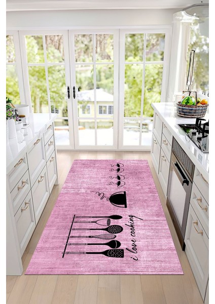 Baskılı Kahve Fincan Desenli Yıkanabilir Kaymaz Yolluk Salon Mutfak Halısı, Mutfak-86-Pembe, modelleri