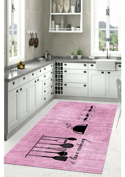 Baskılı Kahve Fincan Desenli Yıkanabilir Kaymaz Yolluk Salon Mutfak Halısı, Mutfak-86-Pembe, indirimleri