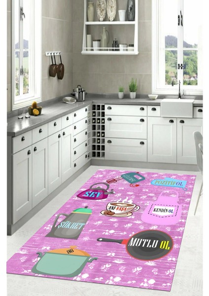 Baskılı Mutfak Eşya Desenli Yıkanabilir Kaymaz Yolluk Salon Mutfak Halısı, Mutfak-85-Pembe, indirimleri