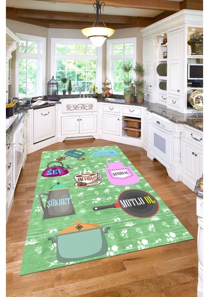 Baskılı Mutfak Eşya Desenli Yıkanabilir Kaymaz Yolluk Salon Mutfak Halısı, Mutfak-85-Yeşil,
