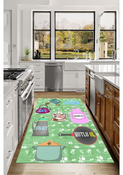 Baskılı Mutfak Eşya Desenli Yıkanabilir Kaymaz Yolluk Salon Mutfak Halısı, Mutfak-85-Yeşil, fiyatları