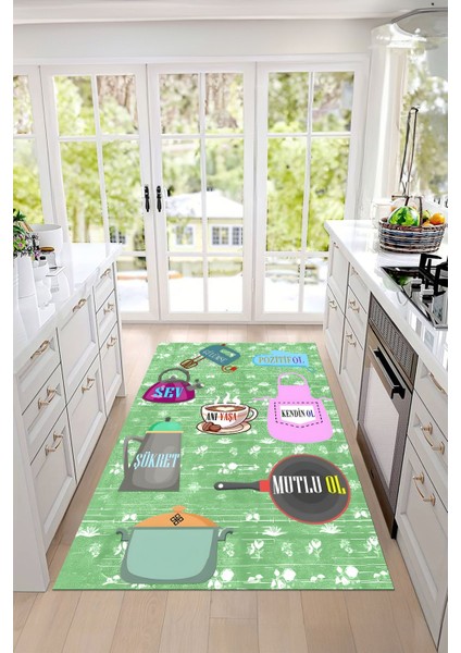 Baskılı Mutfak Eşya Desenli Yıkanabilir Kaymaz Yolluk Salon Mutfak Halısı, Mutfak-85-Yeşil, modelleri