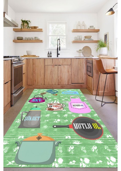 Baskılı Mutfak Eşya Desenli Yıkanabilir Kaymaz Yolluk Salon Mutfak Halısı, Mutfak-85-Yeşil, fırsatları